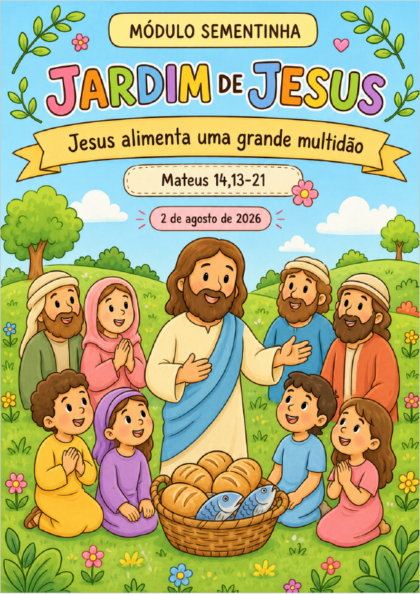 Mockup do PDF Módulo Sementinha aberto mostrando ilustração de Jesus com as crianças